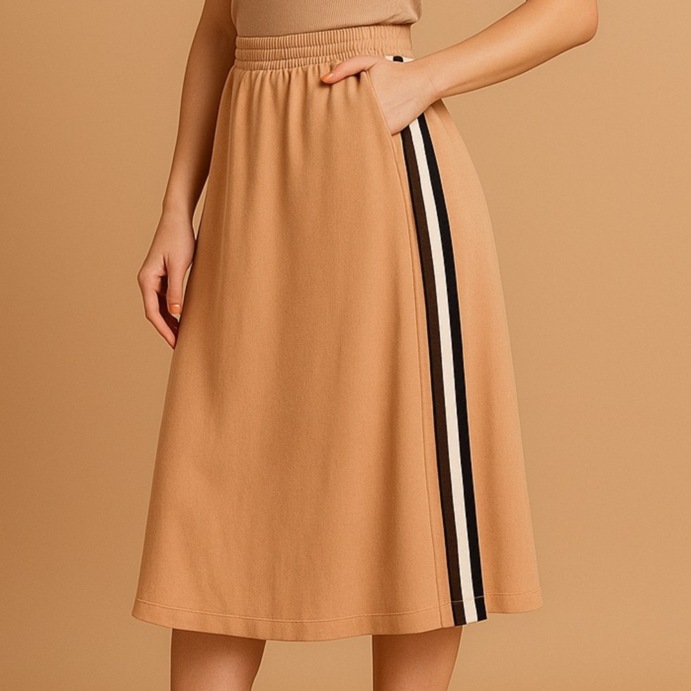 🆕 CHEE-CHO Camel Ribbed Midi A-Line Cotton Skirt with Side Stripes Size M Casual